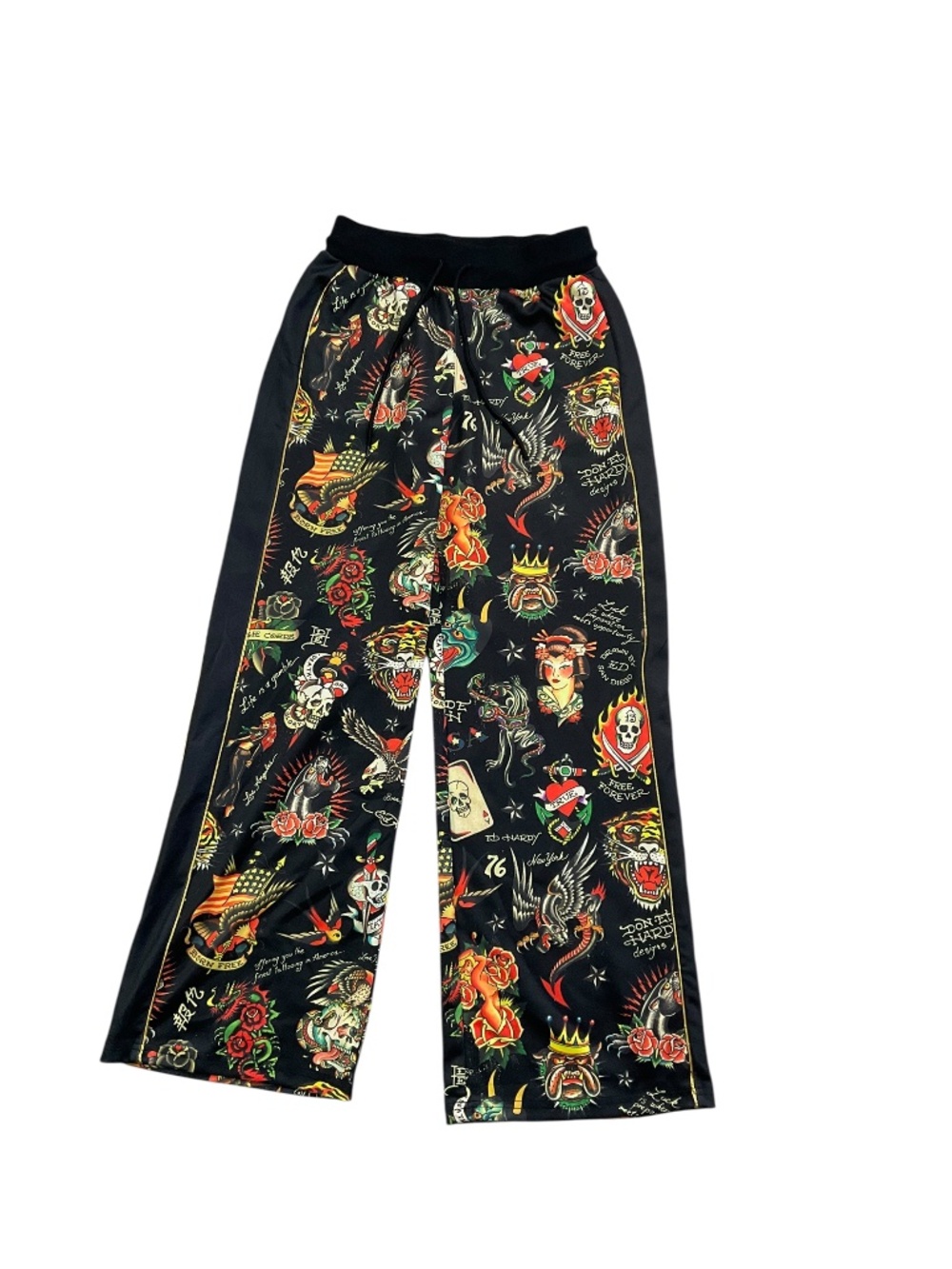 Ed Hardy Women’s Shrunken Flashboard Track Pants Tattoo Print Black XS